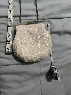 La Regale White Beaded Evening Clutch with Gold Chain